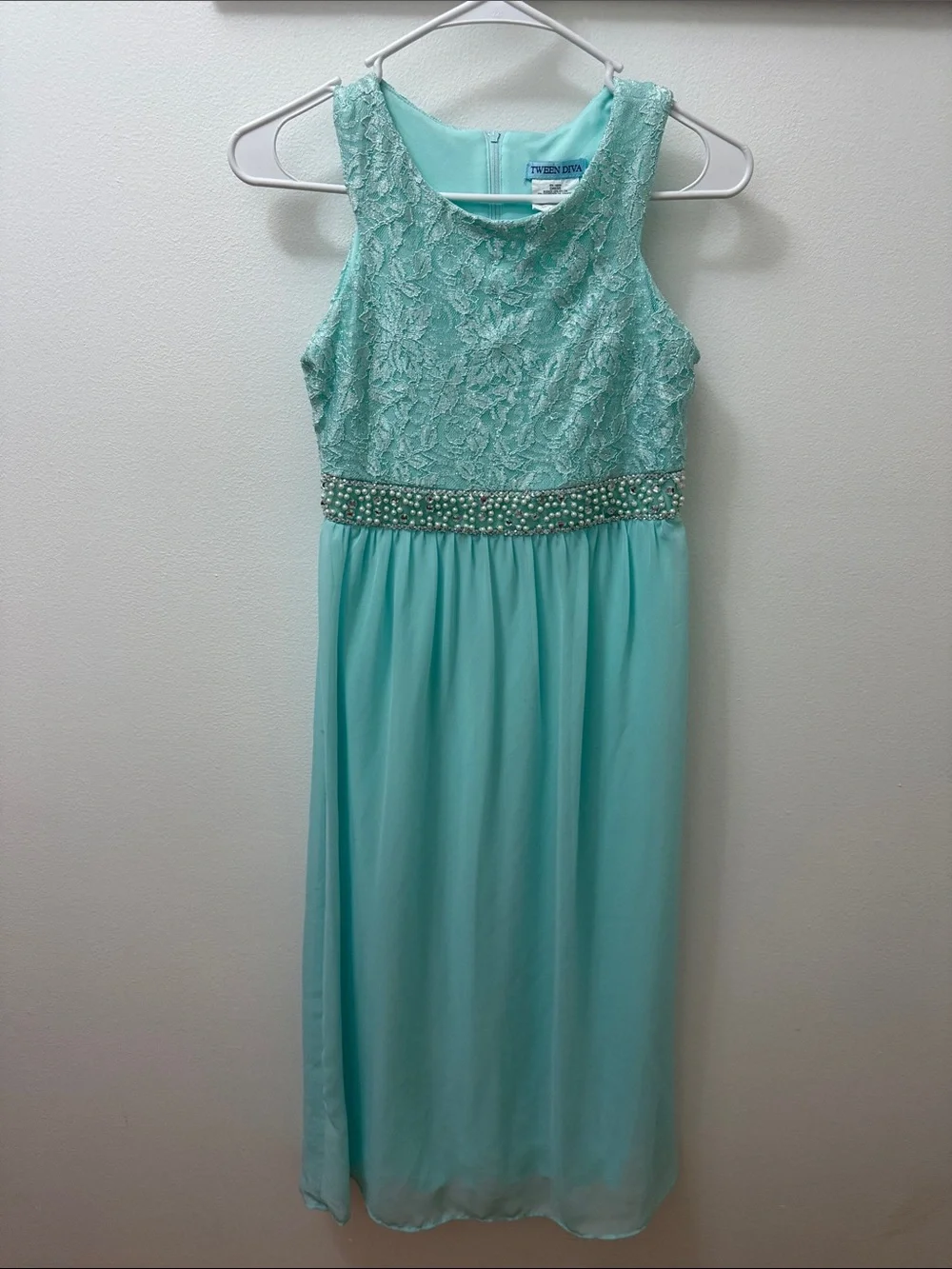 Tween Dive Girls' Aqua Lace Chiffon Gown with Beaded Waistband